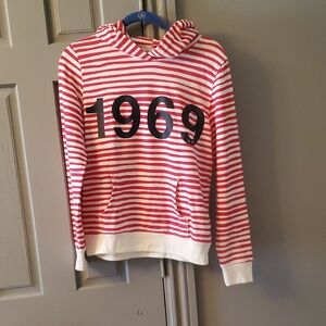 Red and White Striped Hoodie with 1969 Print
